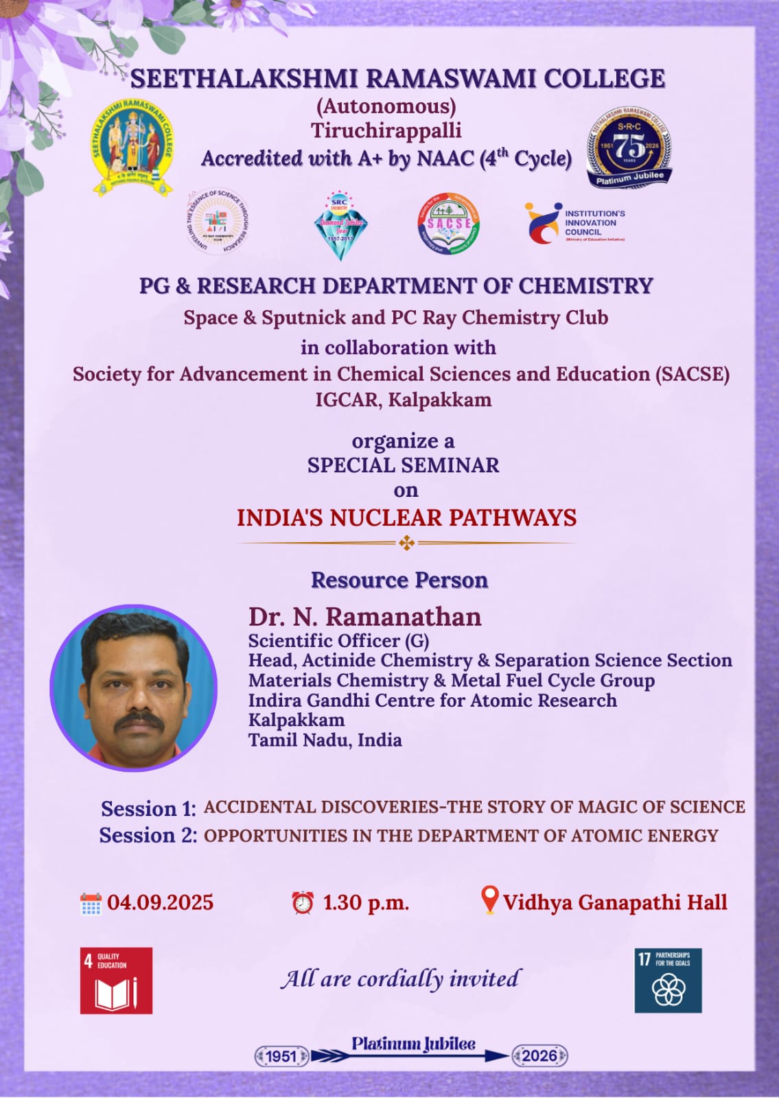 SACSE Flier for Special Seminar at SRC-Trichy